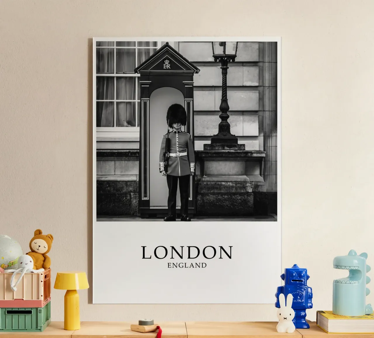 Londra Inghilterra Buckingham Palace Scena di guardia in scala di grigi plexiglass da Charnwood Prints