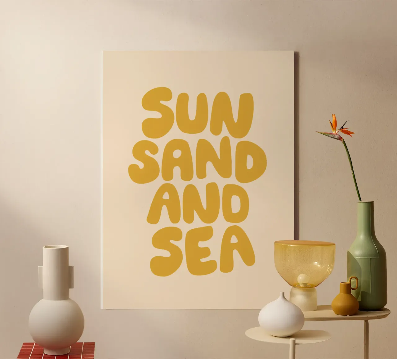Sun Sand and Sea Summertime Beach Typography Print in Yellow (Soleil, sable et mer - Typographie de plage d'été en jaune) toile avec Caisse américaine de THE MOTIVATED TYPE
