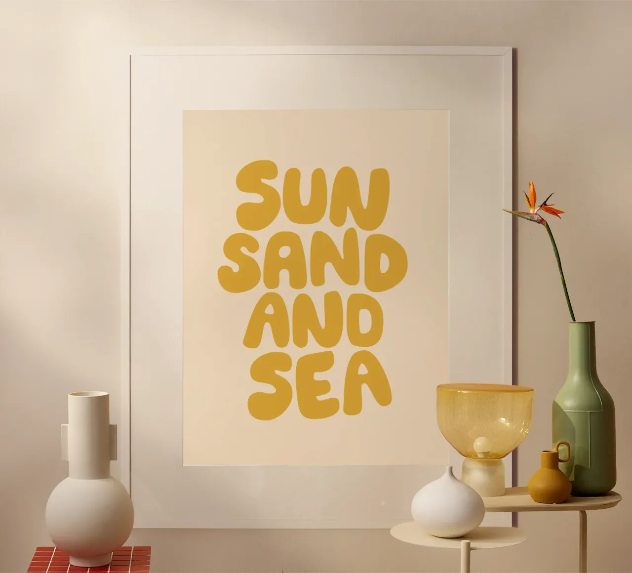 Sun Sand and Sea Summertime Beach Typography Print in Yellow hahnemühle by THE MOTIVATED TYPE