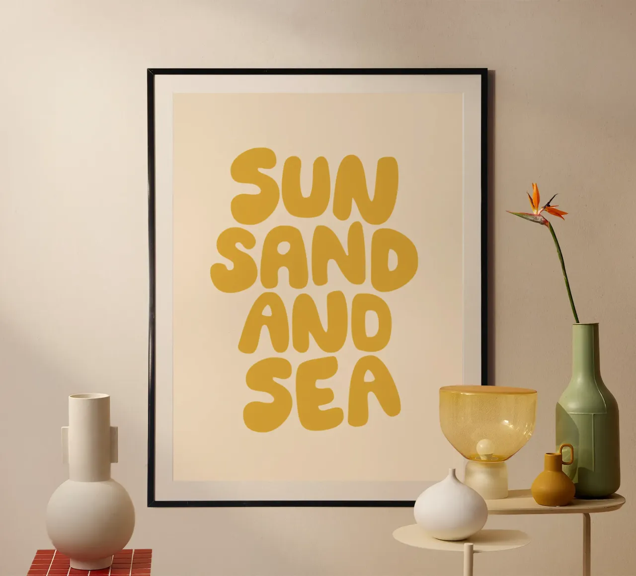 Sun Sand and Sea Summertime Beach Typography Print in Yellow hahnemühle by THE MOTIVATED TYPE