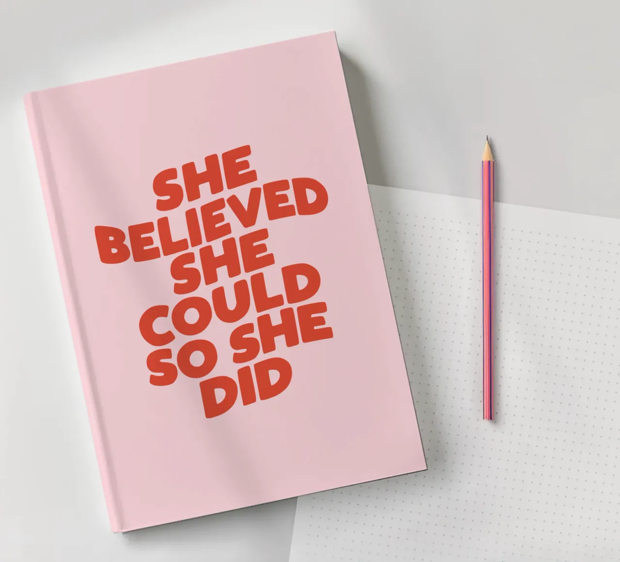 She Believed She Could So She Did Typography Print Pink Red notebook by THE MOTIVATED TYPE