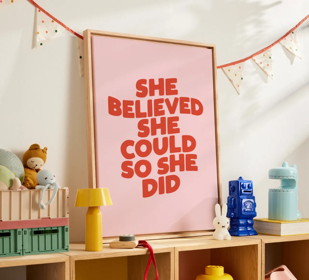 She Believed She Could So She Did Typography Print Pink Red canvas by THE MOTIVATED TYPE