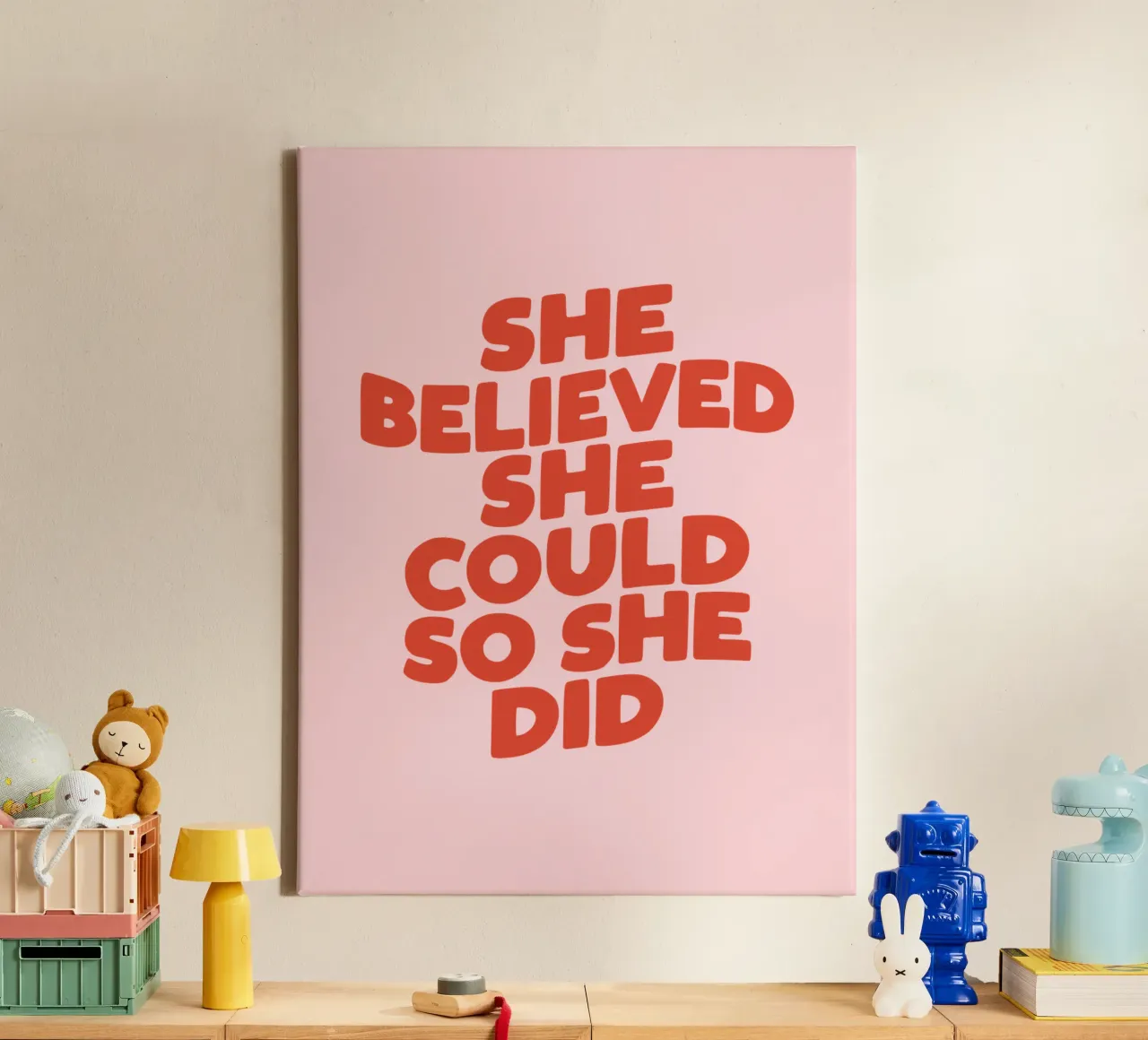 She Believed She Could So She Did Typography Print Pink Red canvas by THE MOTIVATED TYPE