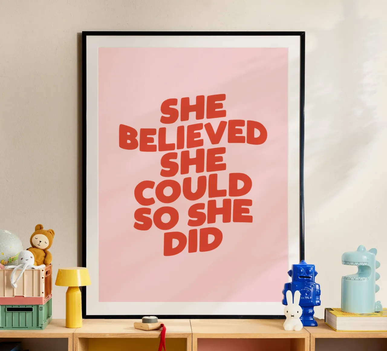 She Believed She Could So She Did Typography Print Pink Red hahnemühle by THE MOTIVATED TYPE