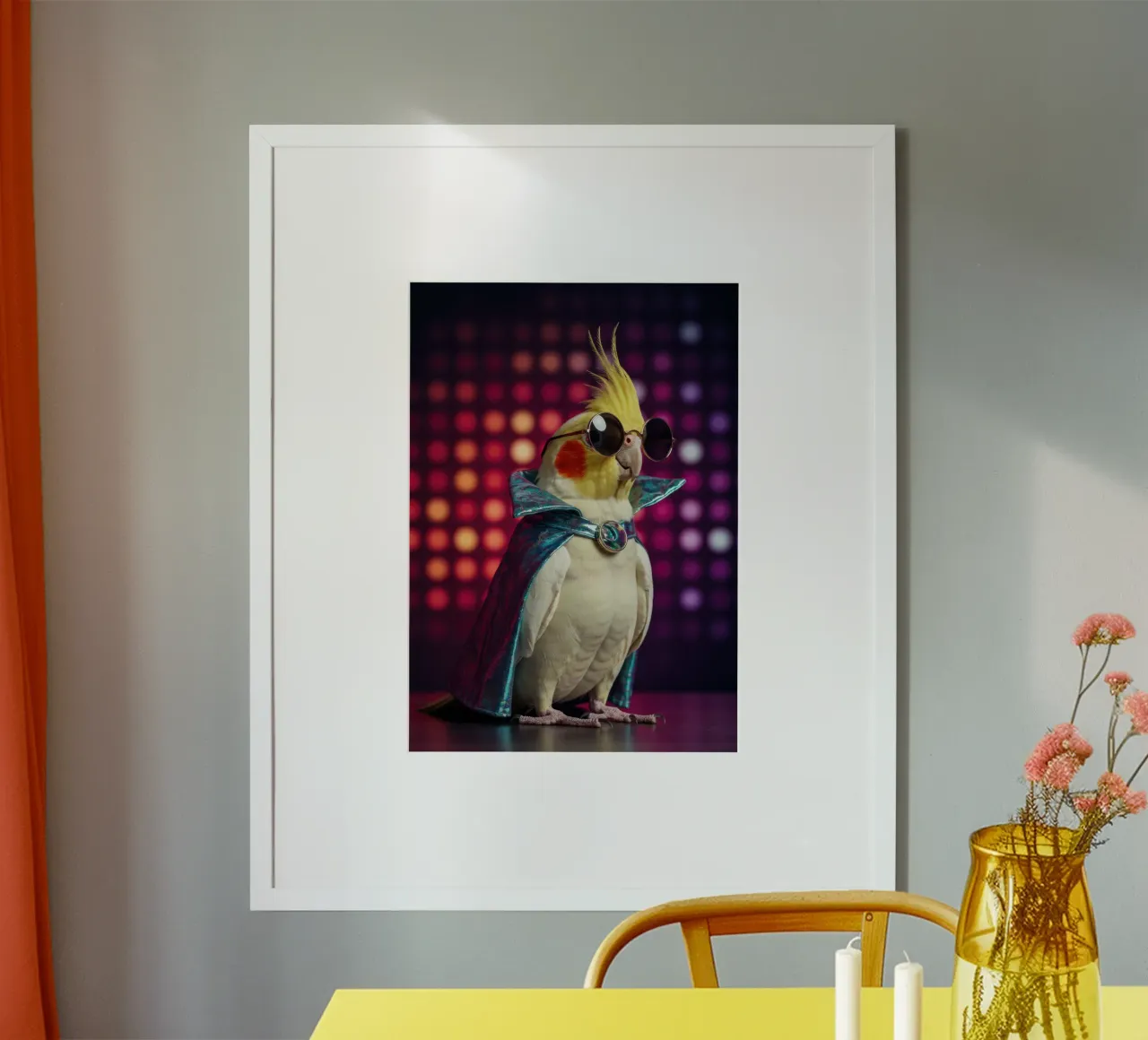 Disco Cockatoo Bird poster con telaio in plastica da Pawtrait Studio