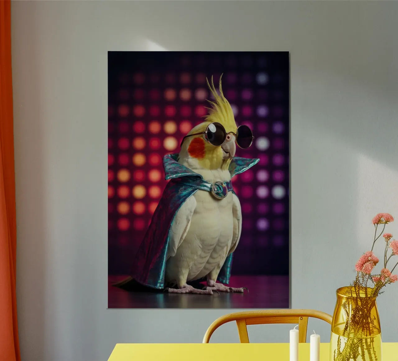 Disco Cockatoo Bird poster con telaio in plastica da Pawtrait Studio