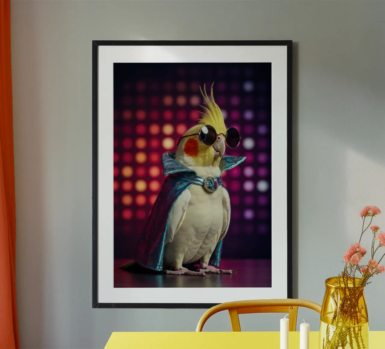 Disco Cockatoo Bird poster con telaio in plastica da Pawtrait Studio