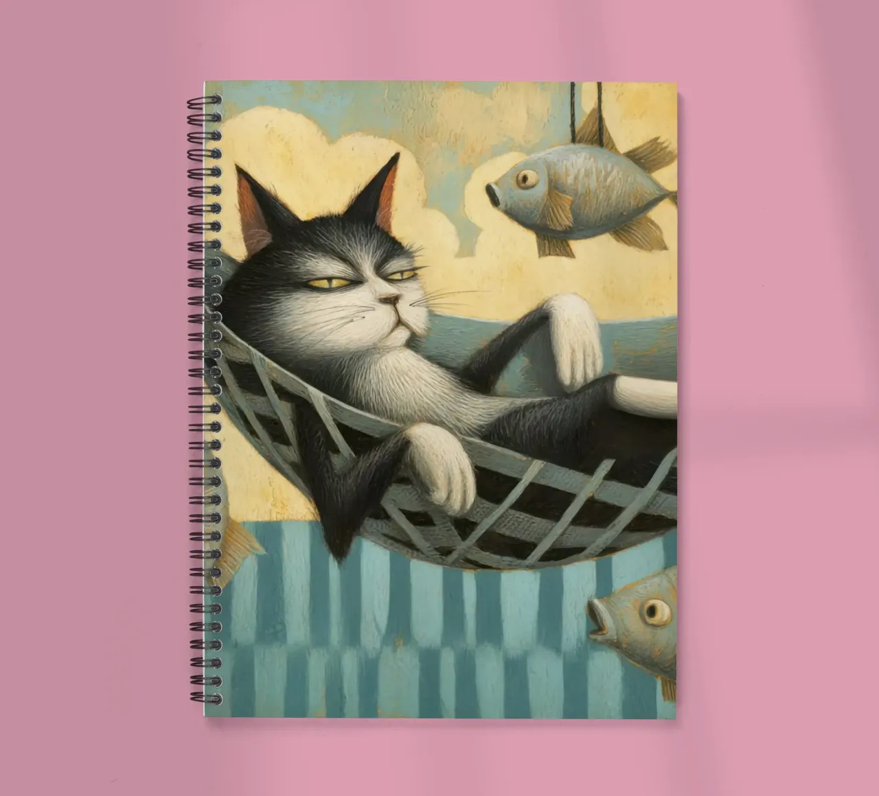 Relaxed Tuxedo Cat Chilling with Floating Fish spiral notebook by Modern Muse