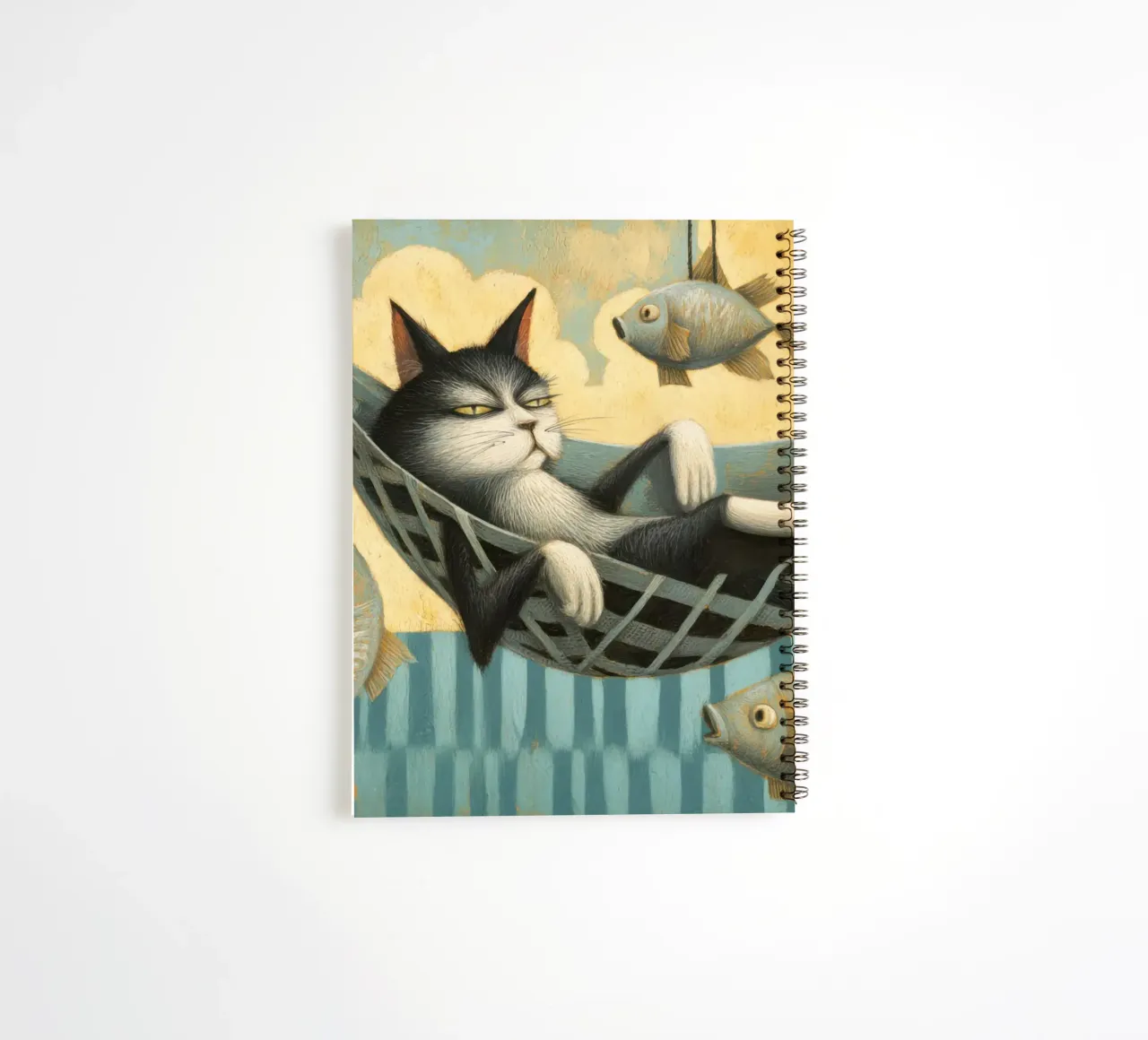 Relaxed Tuxedo Cat Chilling with Floating Fish spiral notebook by Modern Muse