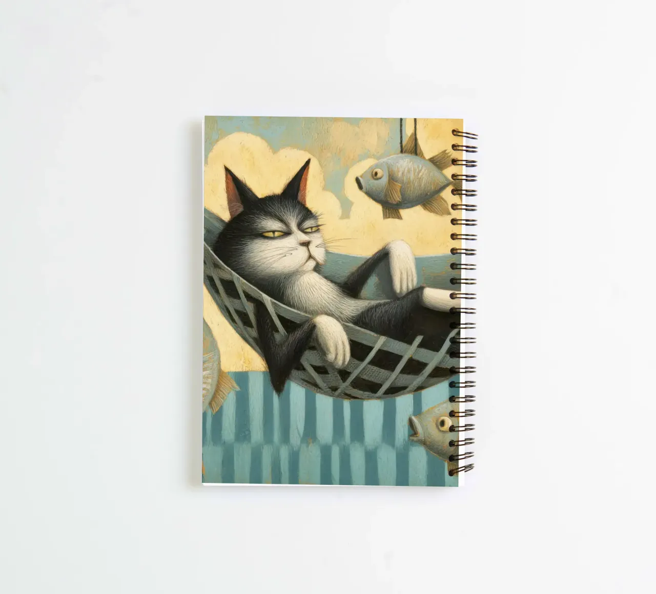 Relaxed Tuxedo Cat Chilling with Floating Fish spiral notebook by Modern Muse