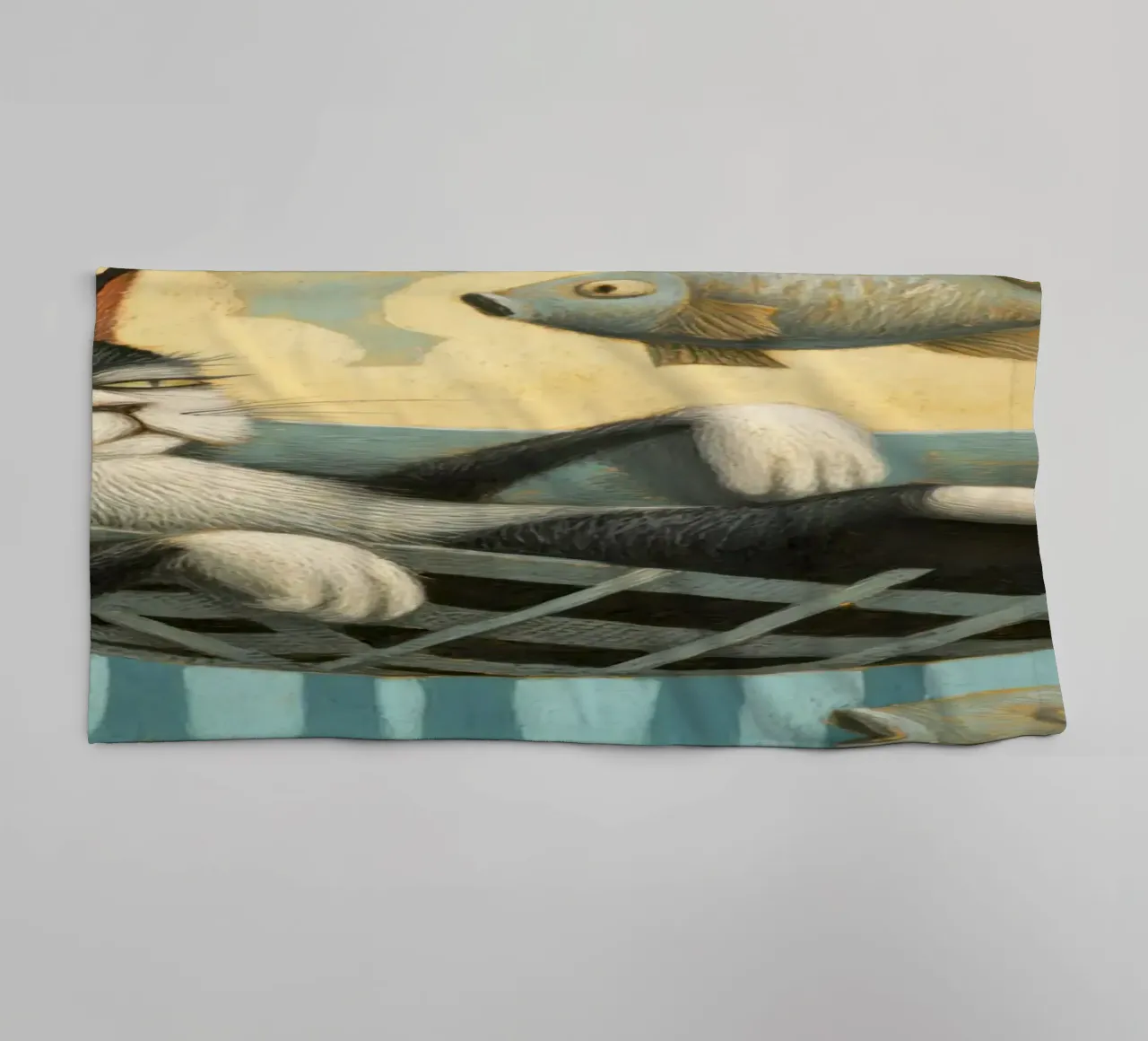 Relaxed Tuxedo Cat Chilling with Floating Fish towel by Modern Muse