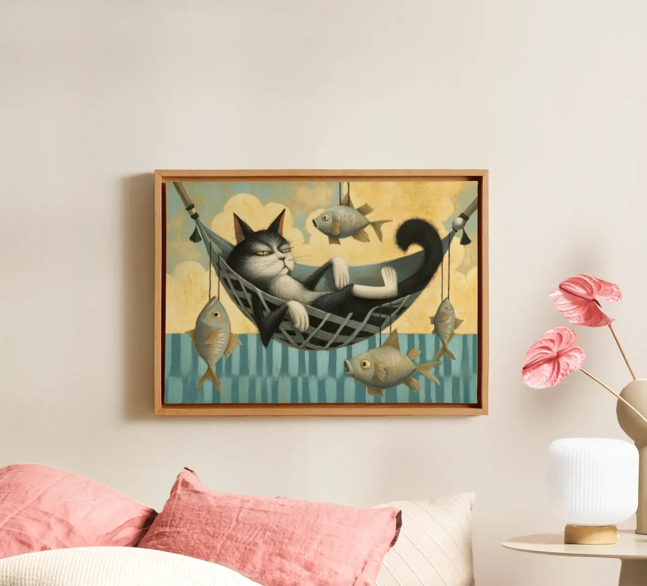 Relaxed Tuxedo Cat Chilling with Floating Fish canvas with Floater frame by Modern Muse
