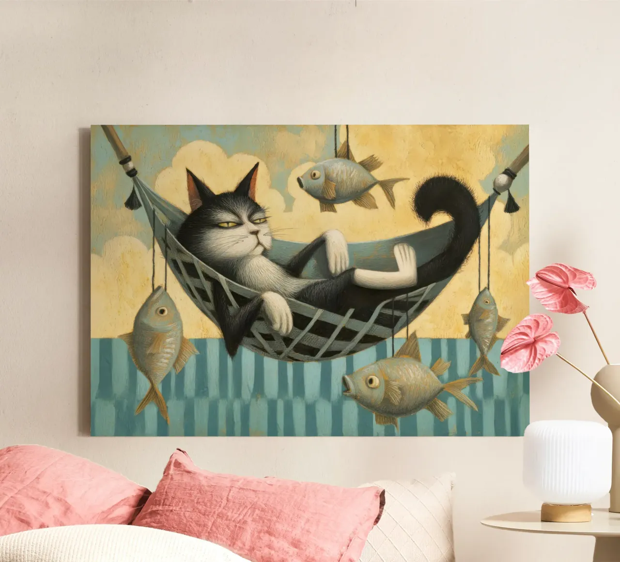 Relaxed Tuxedo Cat Chilling with Floating Fish canvas with Floater frame by Modern Muse