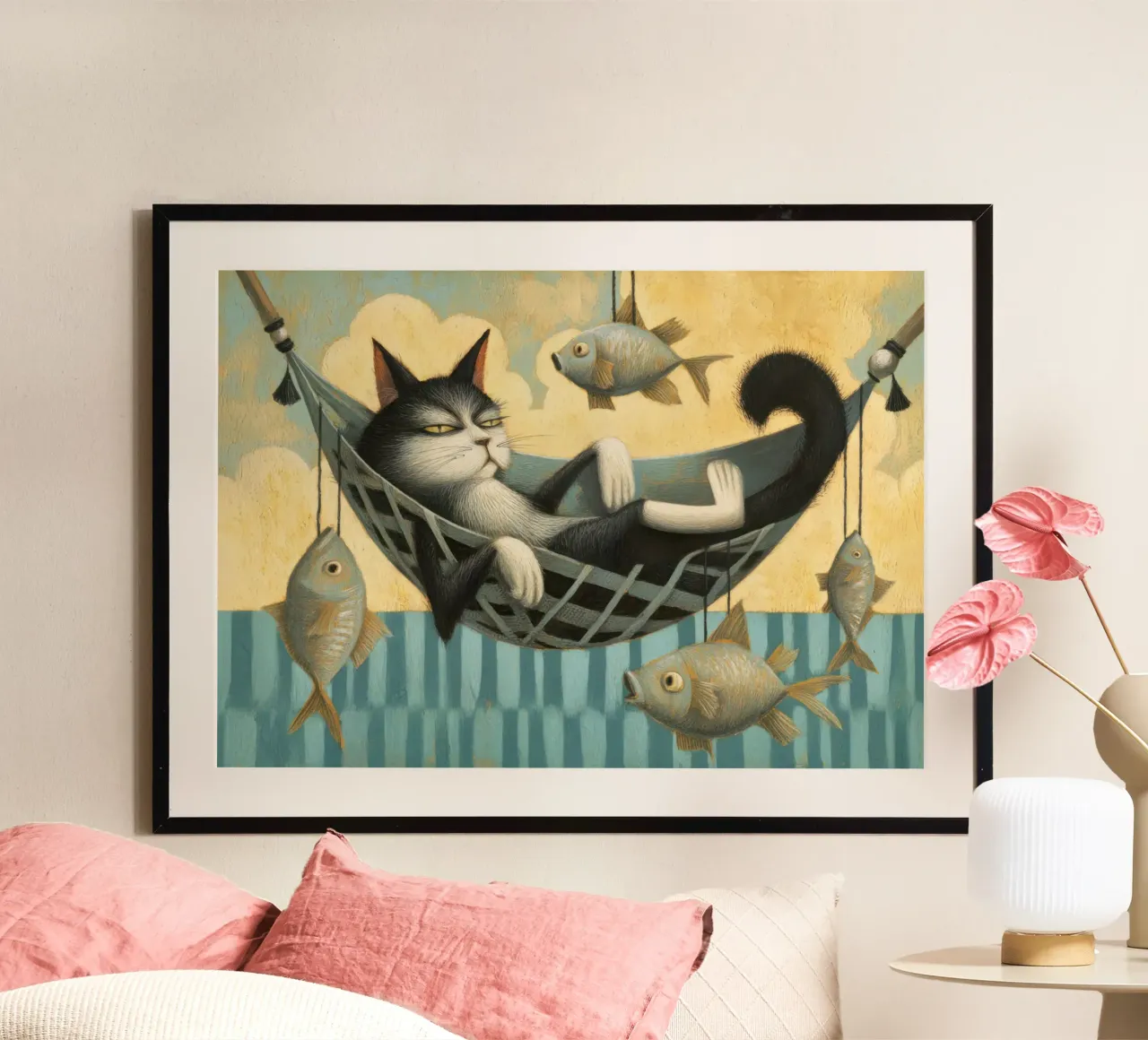Relaxed Tuxedo Cat Chilling with Floating Fish poster with plastic frame by Modern Muse