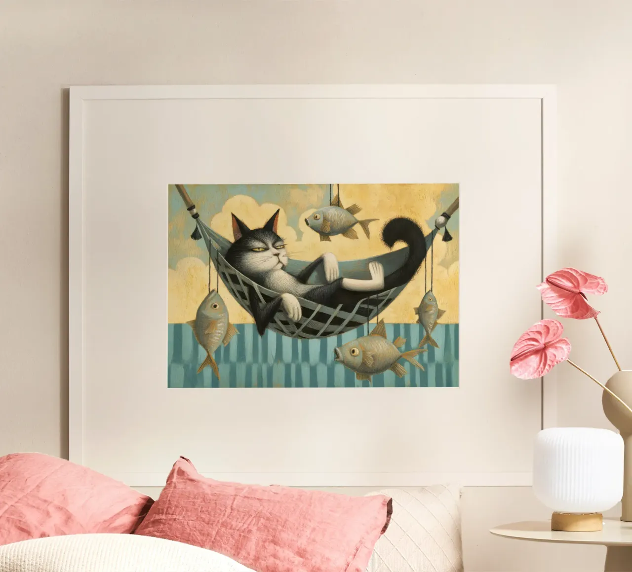 Relaxed Tuxedo Cat Chilling with Floating Fish poster with plastic frame by Modern Muse