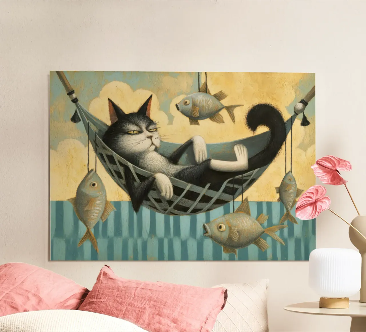 Relaxed Tuxedo Cat Chilling with Floating Fish poster with plastic frame by Modern Muse