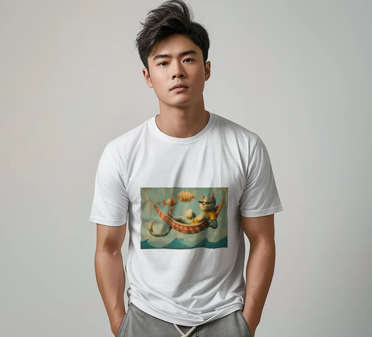 Stylish Cat Lounging in Hammock Over Ocean Waves t-shirt by Modern Muse