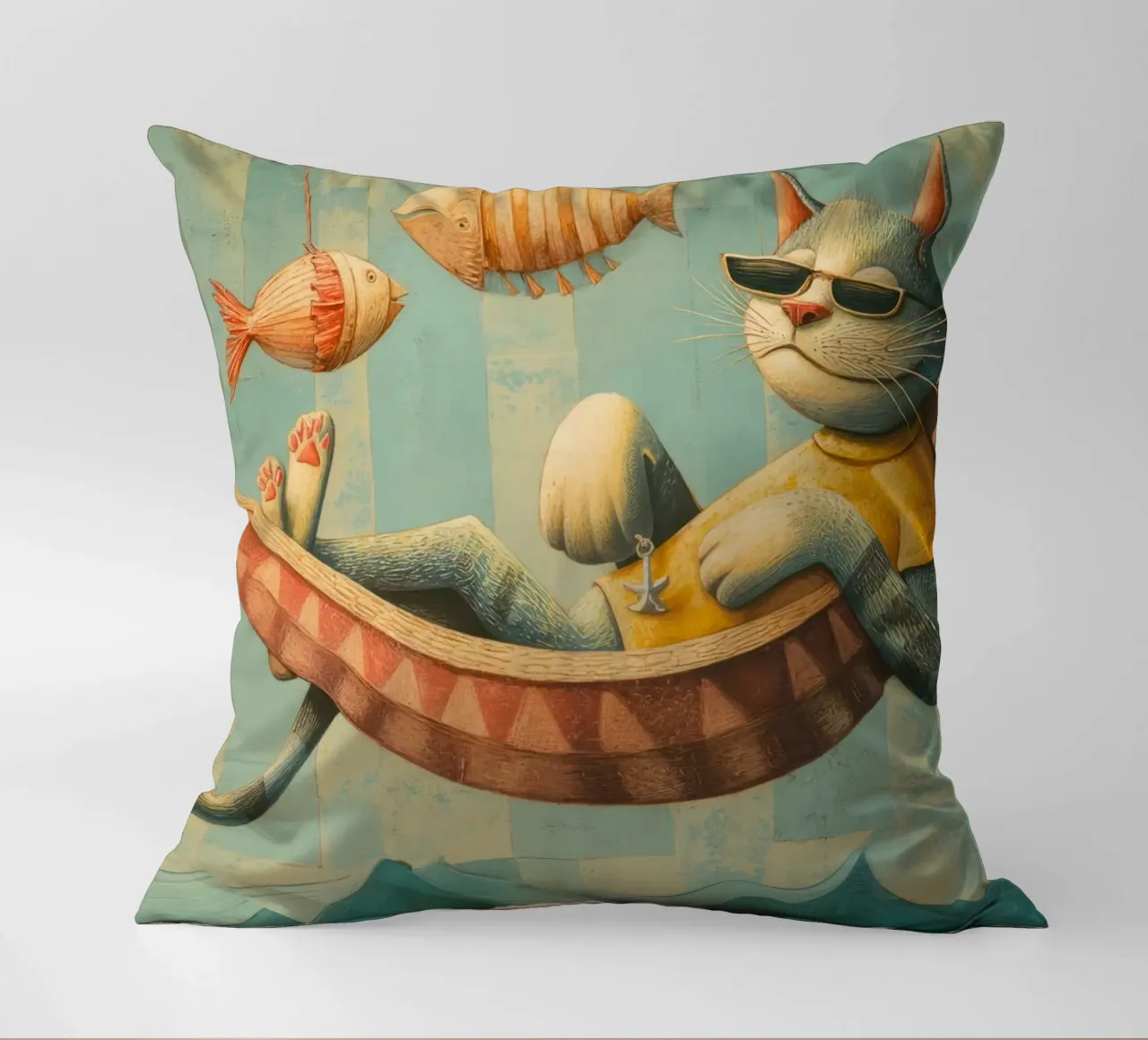 Stylish Cat Lounging in Hammock Over Ocean Waves decorative cushion by Modern Muse