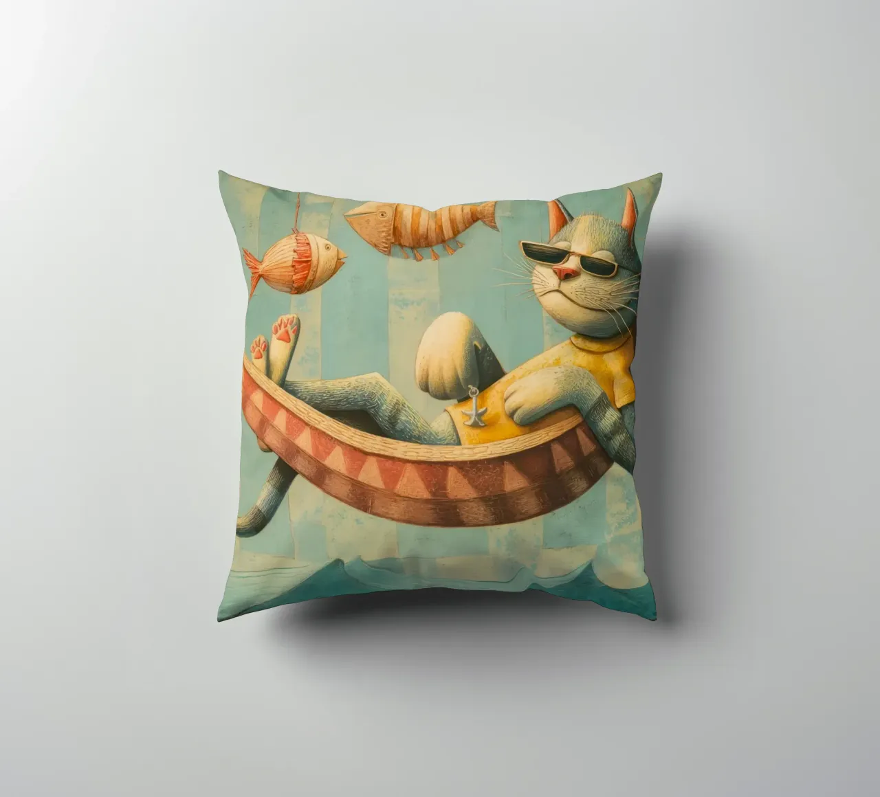 Stylish Cat Lounging in Hammock Over Ocean Waves decorative cushion by Modern Muse