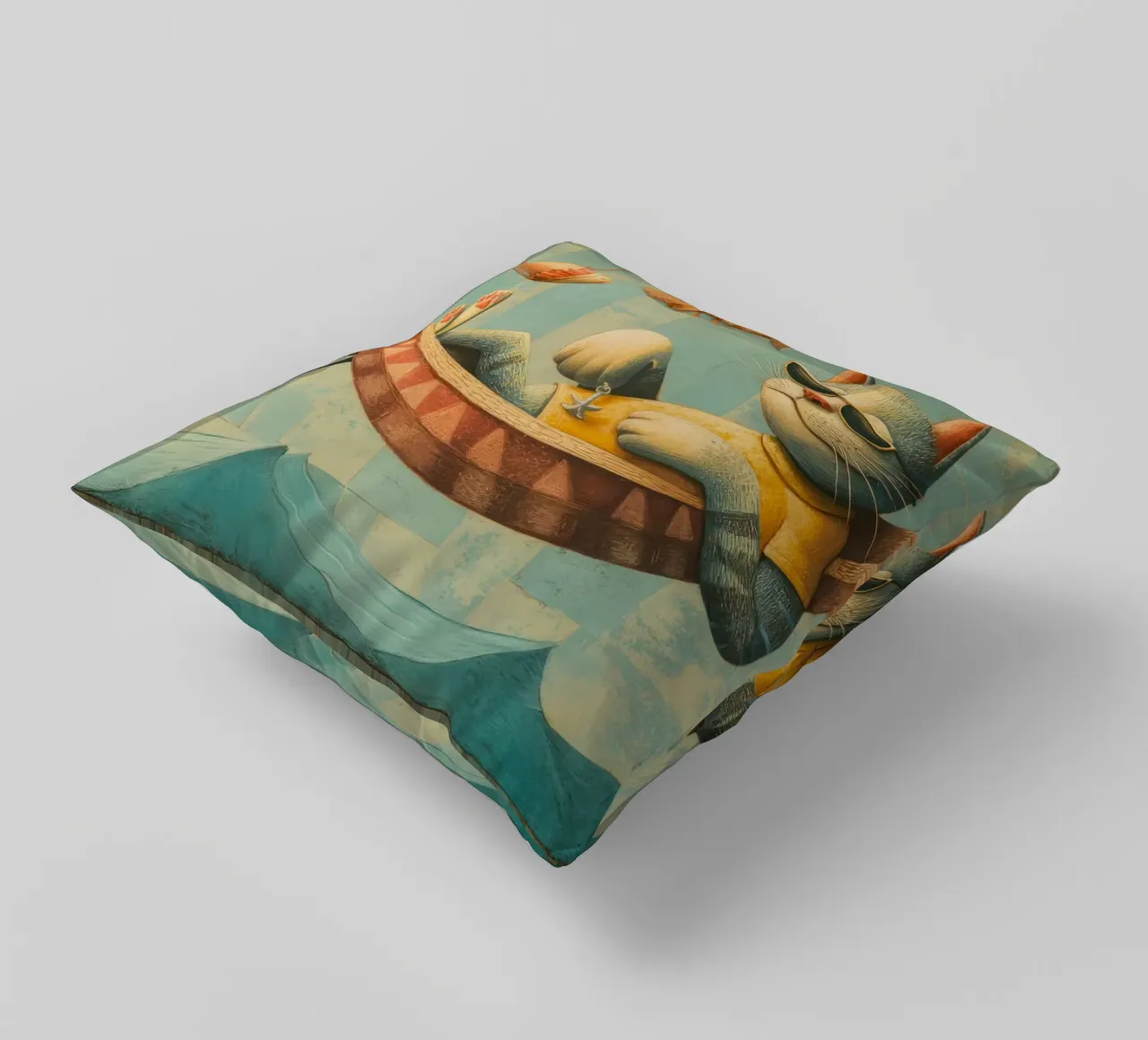 Stylish Cat Lounging in Hammock Over Ocean Waves decorative cushion by Modern Muse