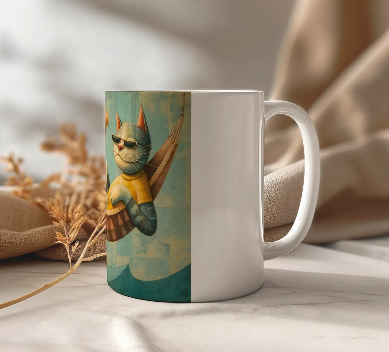 Stylish Cat Lounging in Hammock Over Ocean Waves ceramic mug by Modern Muse
