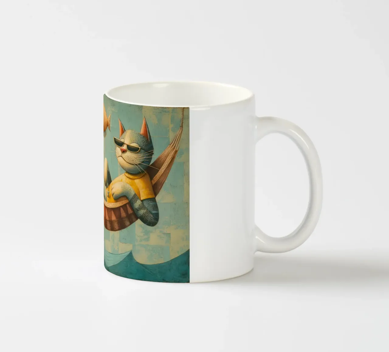 Stylish Cat Lounging in Hammock Over Ocean Waves ceramic mug by Modern Muse