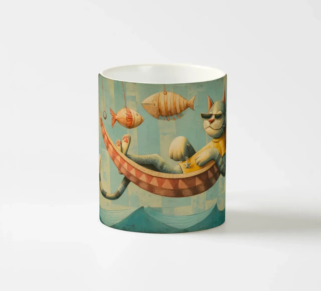 Stylish Cat Lounging in Hammock Over Ocean Waves ceramic mug by Modern Muse