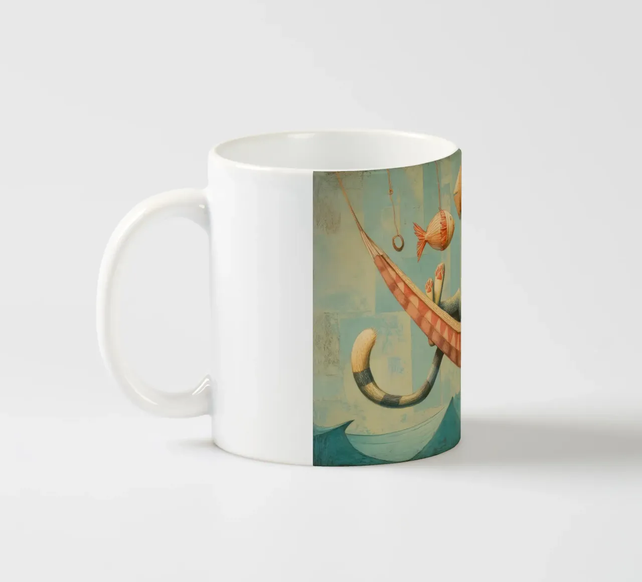 Stylish Cat Lounging in Hammock Over Ocean Waves ceramic mug by Modern Muse