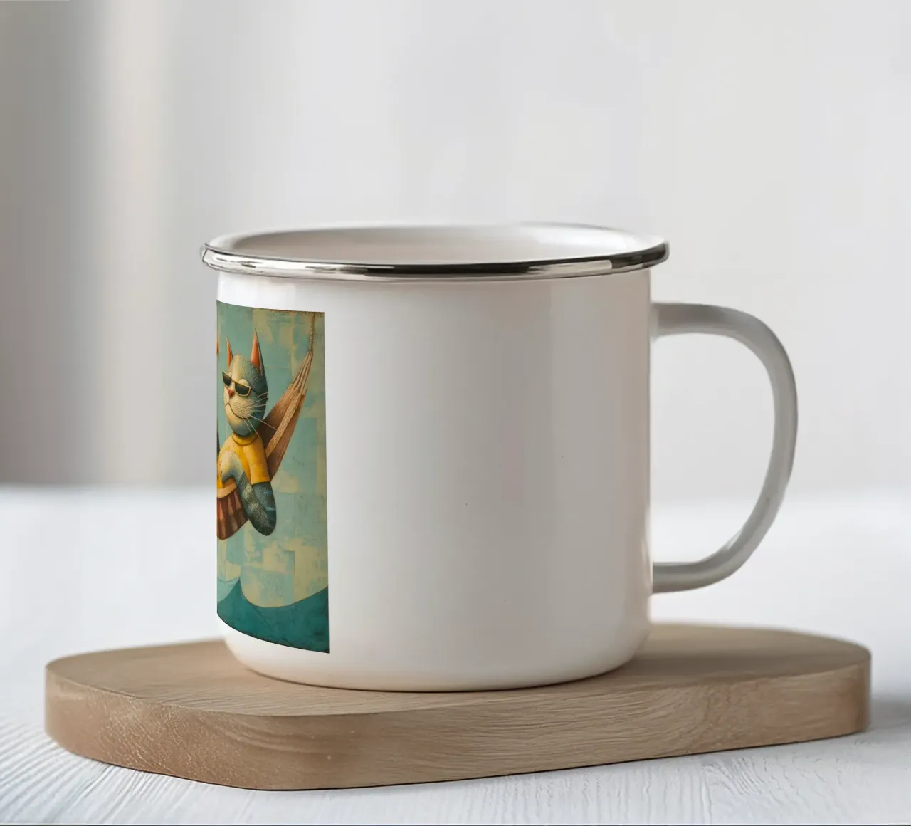 Stylish Cat Lounging in Hammock Over Ocean Waves enamel mug by Modern Muse