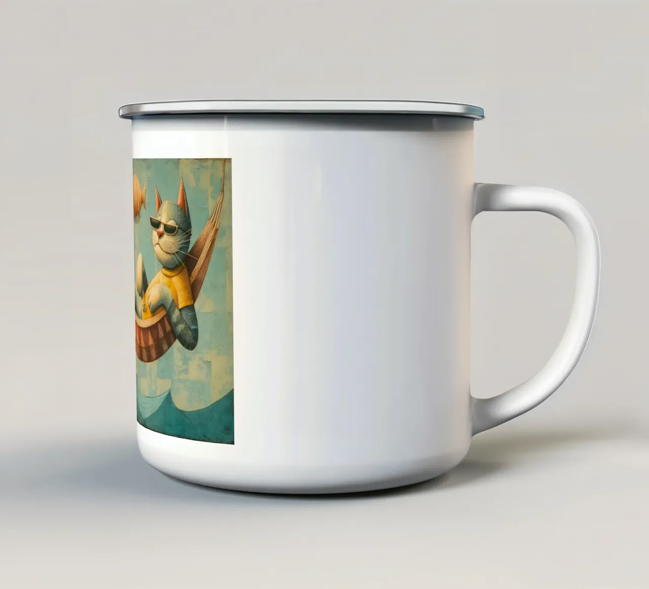 Stylish Cat Lounging in Hammock Over Ocean Waves enamel mug by Modern Muse