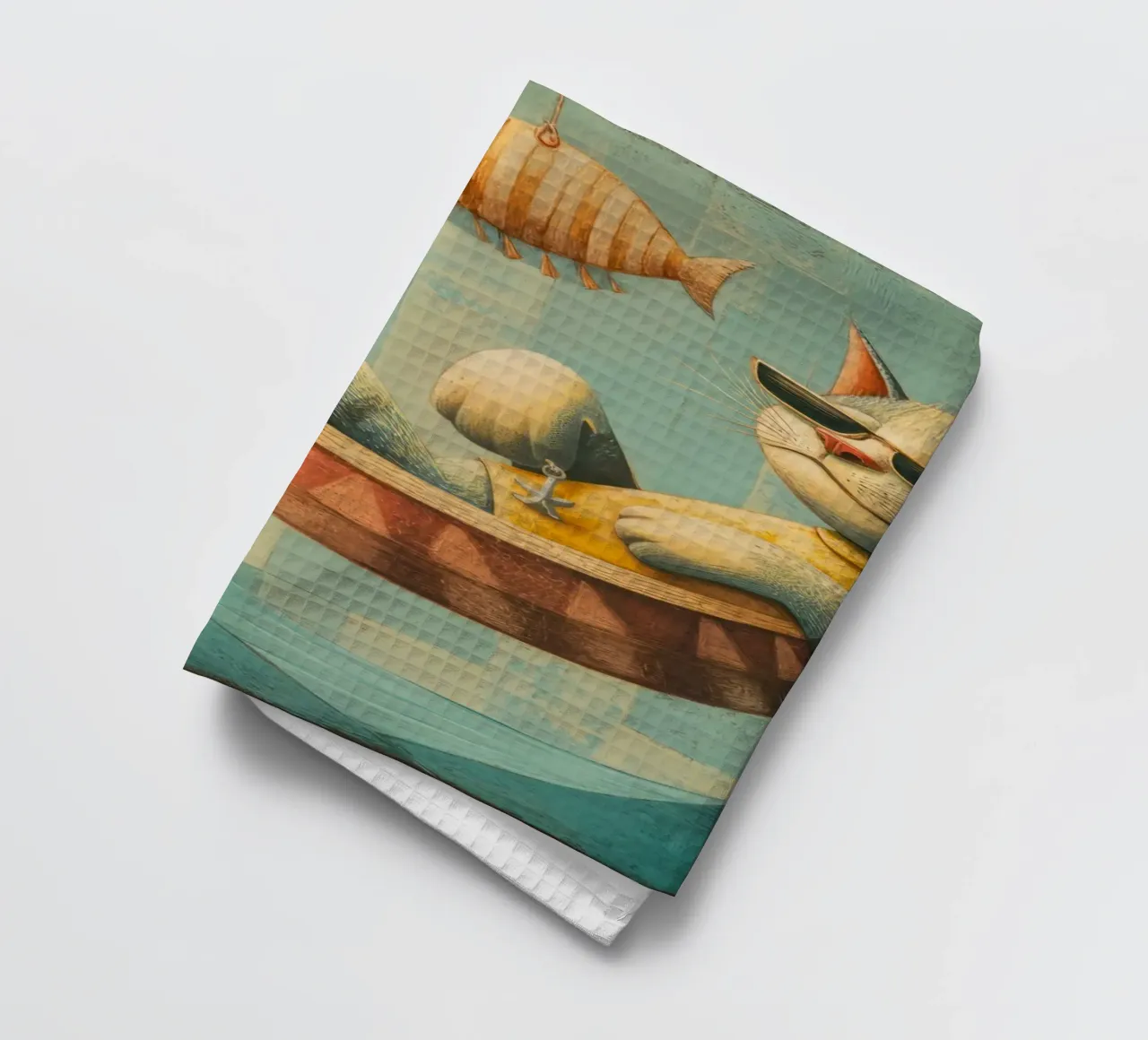 Stylish Cat Lounging in Hammock Over Ocean Waves tea towel by Modern Muse