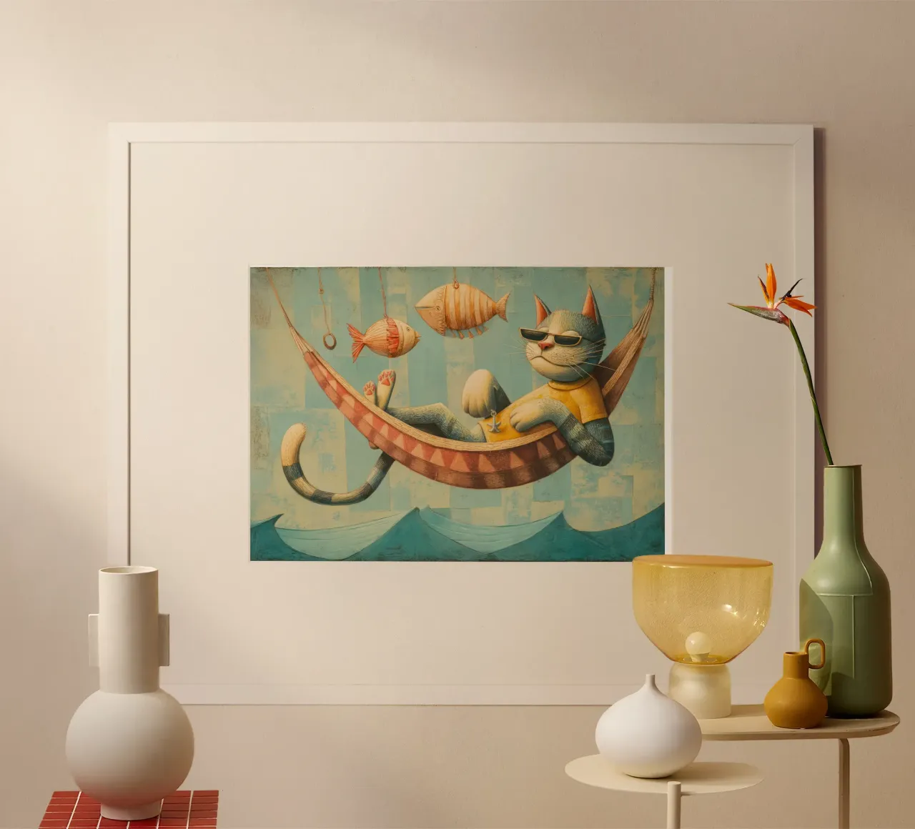 Stylish Cat Lounging in Hammock Over Ocean Waves hahnemühle by Modern Muse