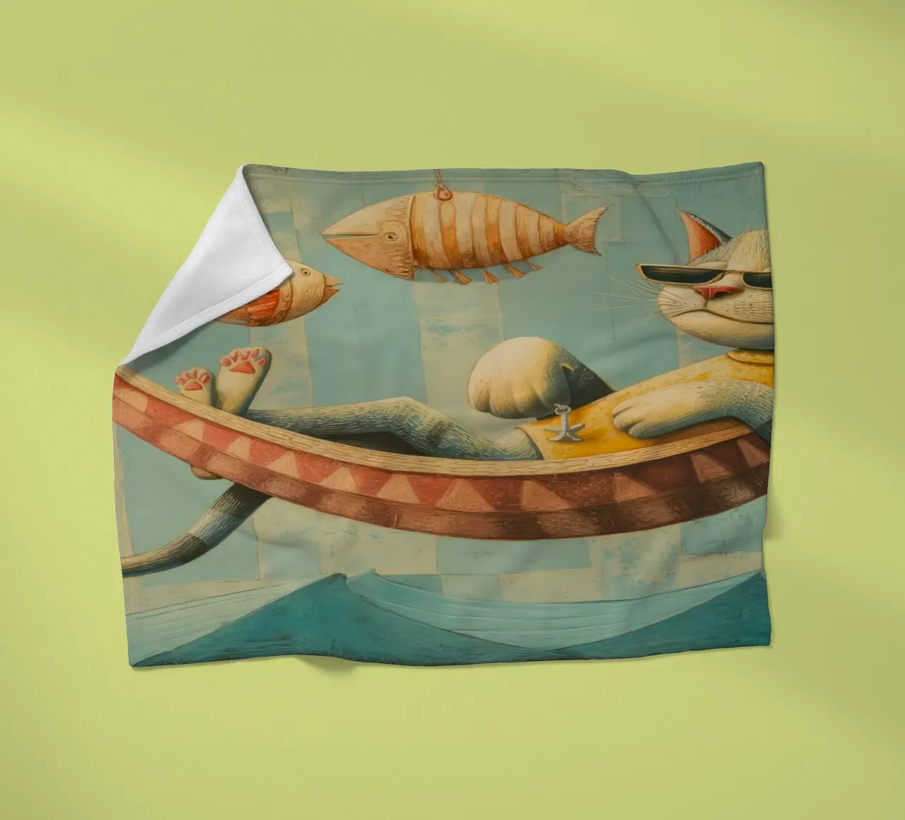Stylish Cat Lounging in Hammock Over Ocean Waves fleece blanket by Modern Muse