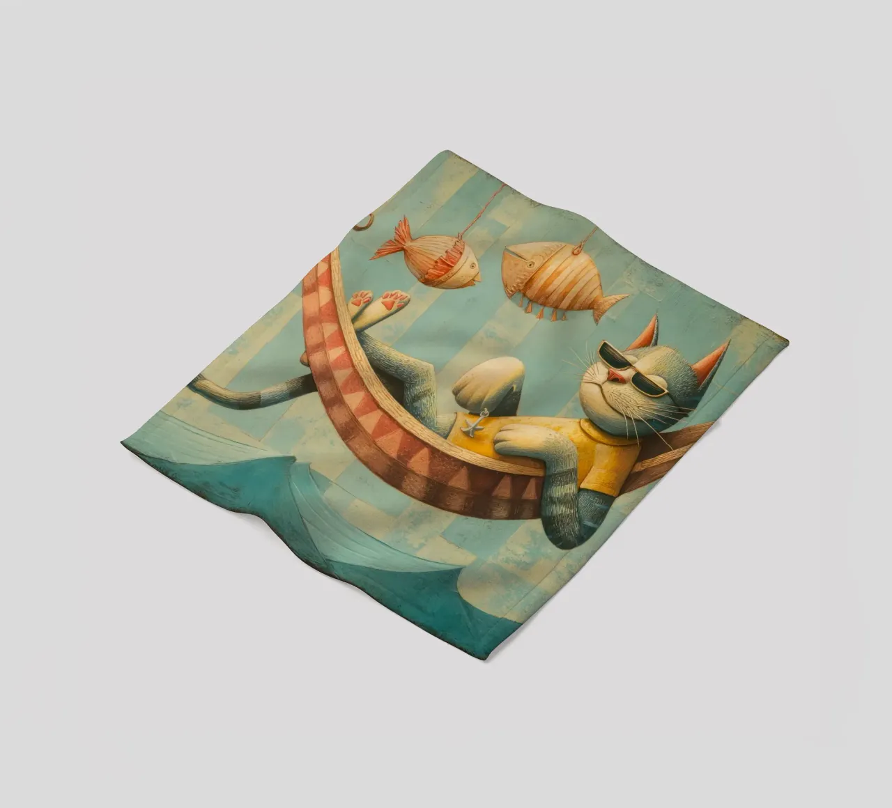 Stylish Cat Lounging in Hammock Over Ocean Waves fleece blanket by Modern Muse