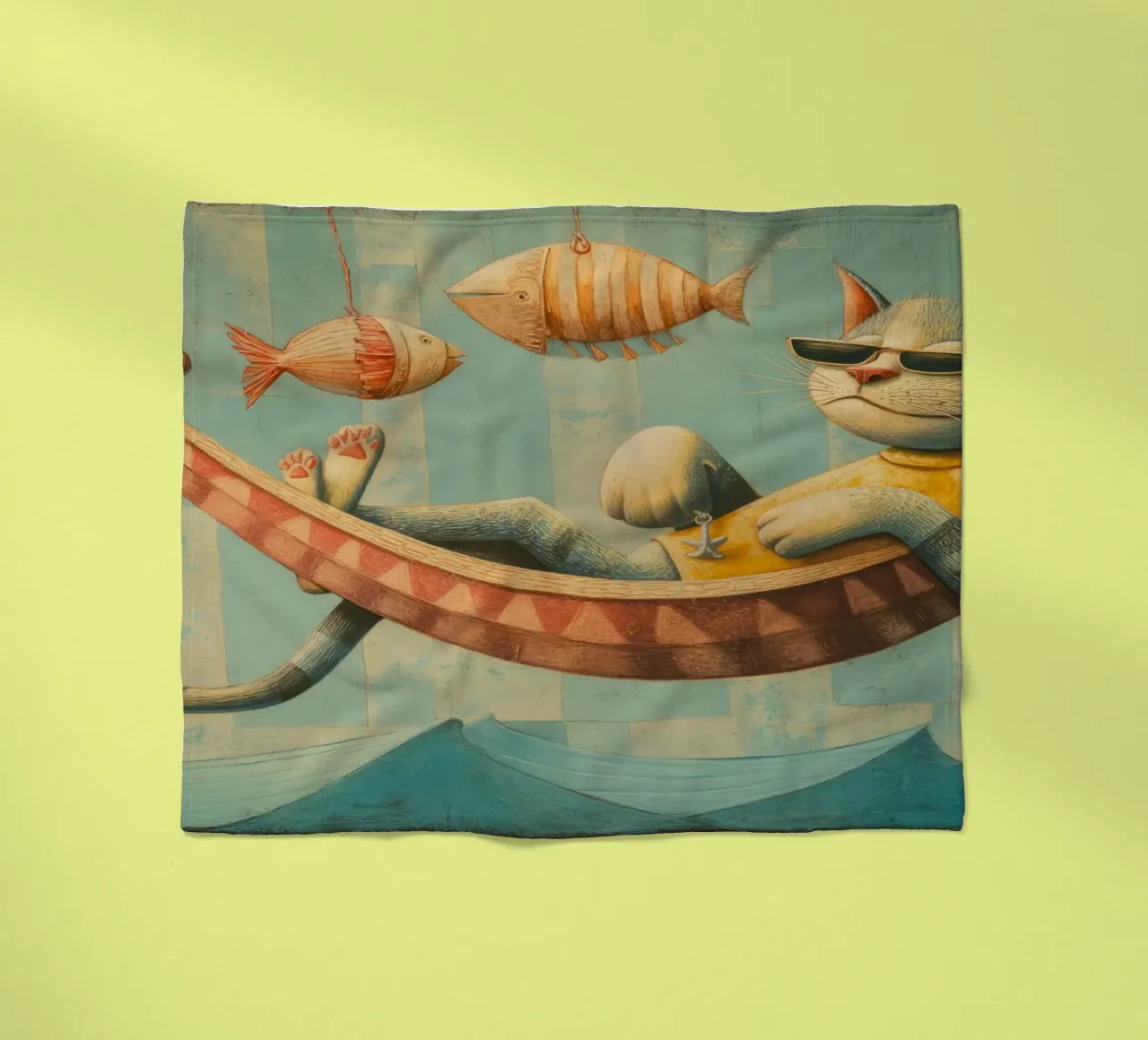 Stylish Cat Lounging in Hammock Over Ocean Waves fleece blanket by Modern Muse