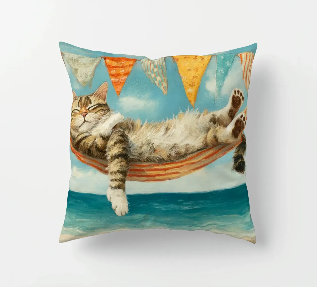 Tabby Cat Napping in Hammock by the Sunny Seaside decorative cushion by Modern Muse