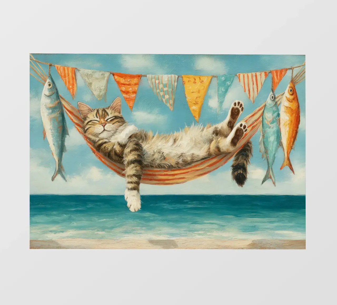 Tabby Cat Napping in Hammock by the Sunny Seaside pvc cover by Modern Muse