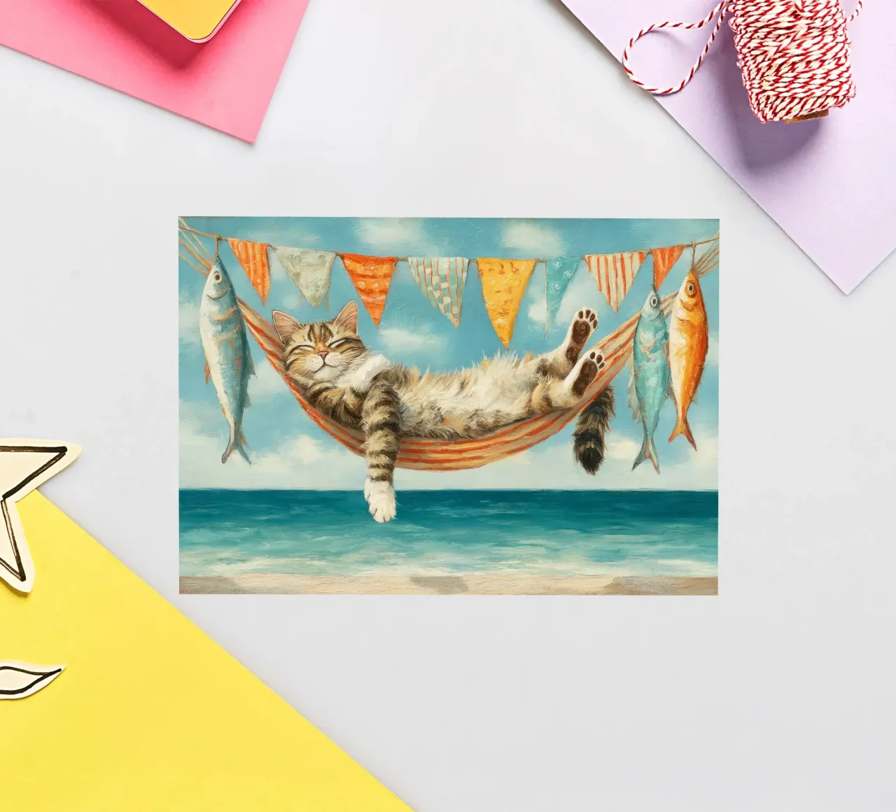 Tabby Cat Napping in Hammock by the Sunny Seaside sticker by Modern Muse