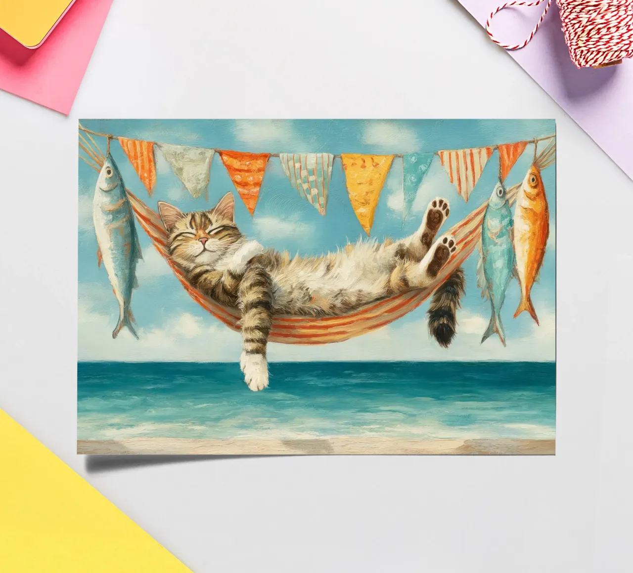 Tabby Cat Napping in Hammock by the Sunny Seaside sticker sheet by Modern Muse