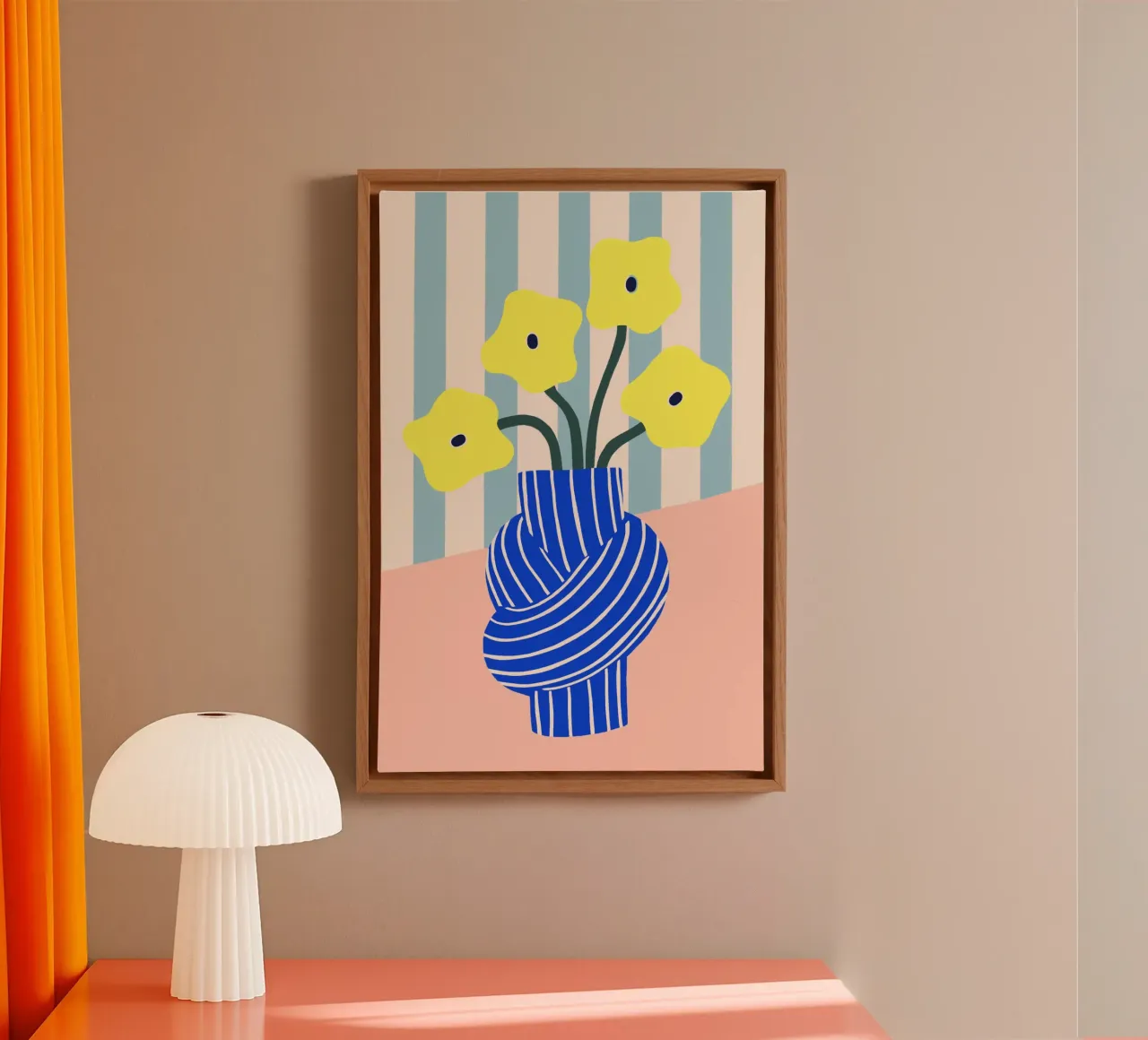 Gelbe Blumen in blau gestreifter Knoten Vase canvas met Baklijst van Maren Gross