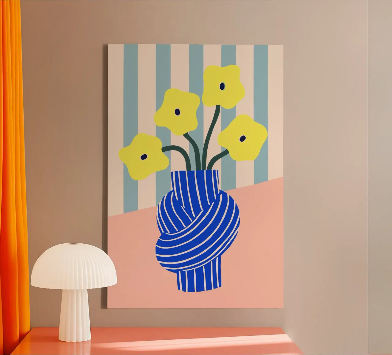 Gelbe Blumen in blau gestreifter Knoten Vase canvas met Baklijst van Maren Gross