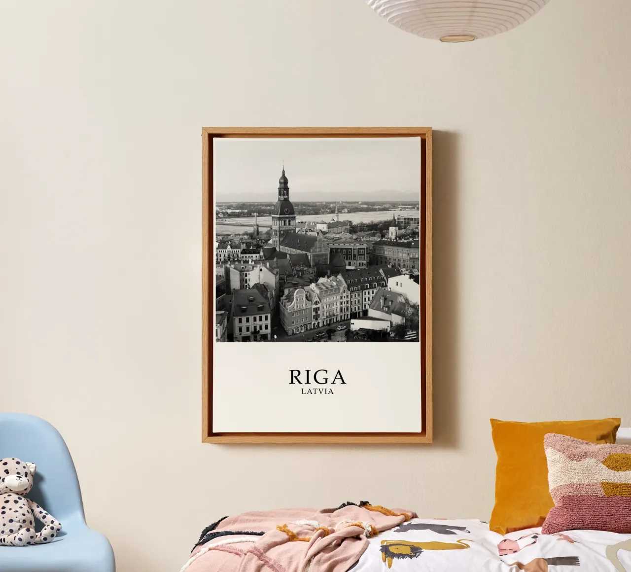 Riga Latvia Skyline Cityscape Scene Greyscale canvas with Floater frame by Charnwood Prints