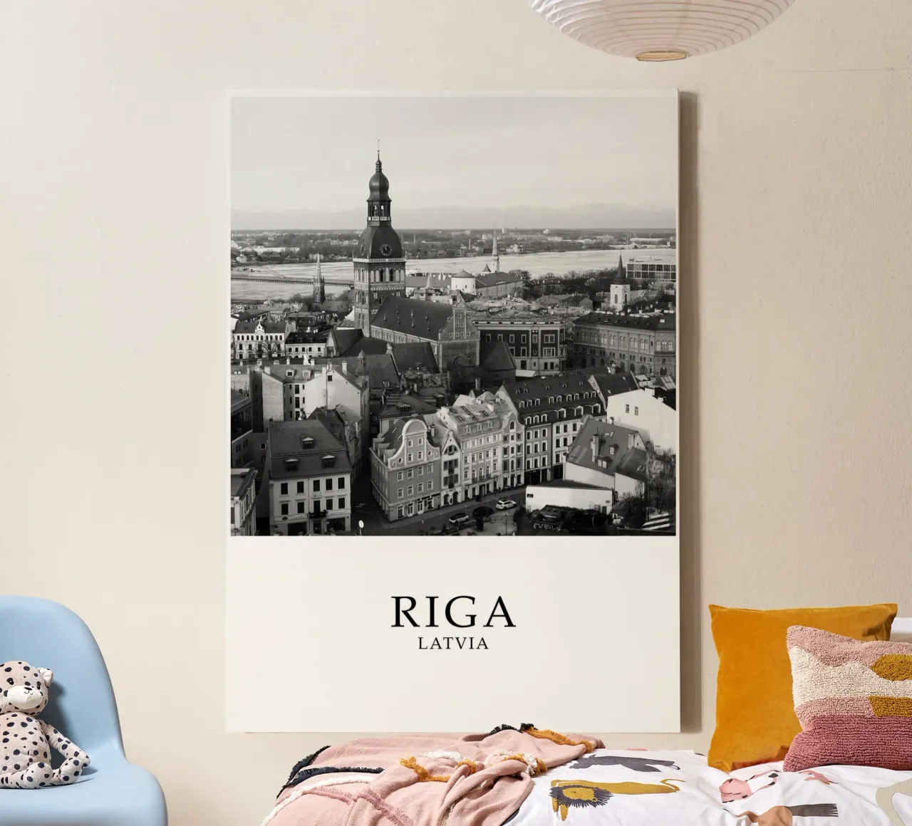Riga Latvia Skyline Cityscape Scene Greyscale canvas with Floater frame by Charnwood Prints