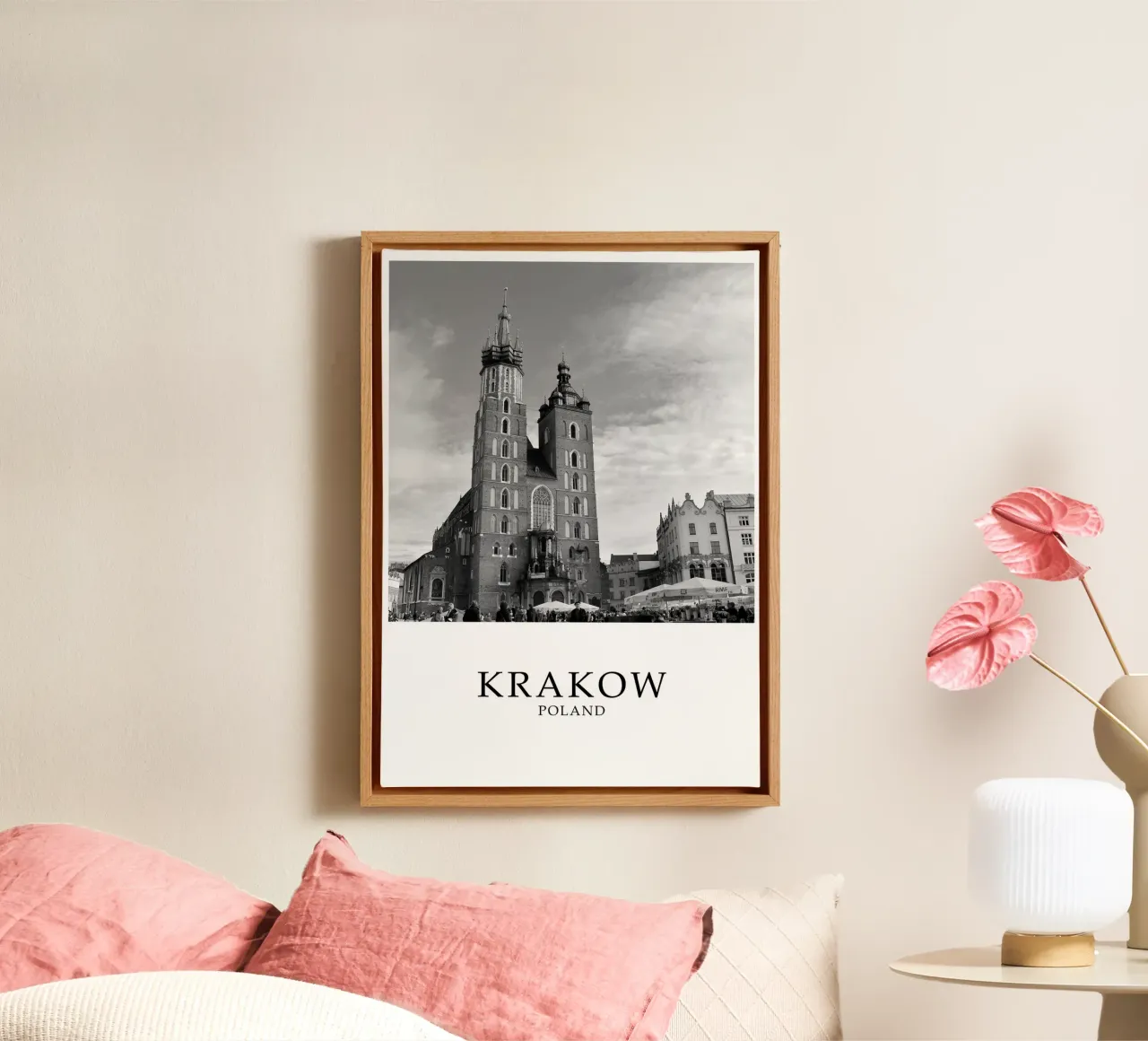 Krakau Polen St Marys Basiliek Architectuur Scène Grijstinten canvas van Charnwood Prints