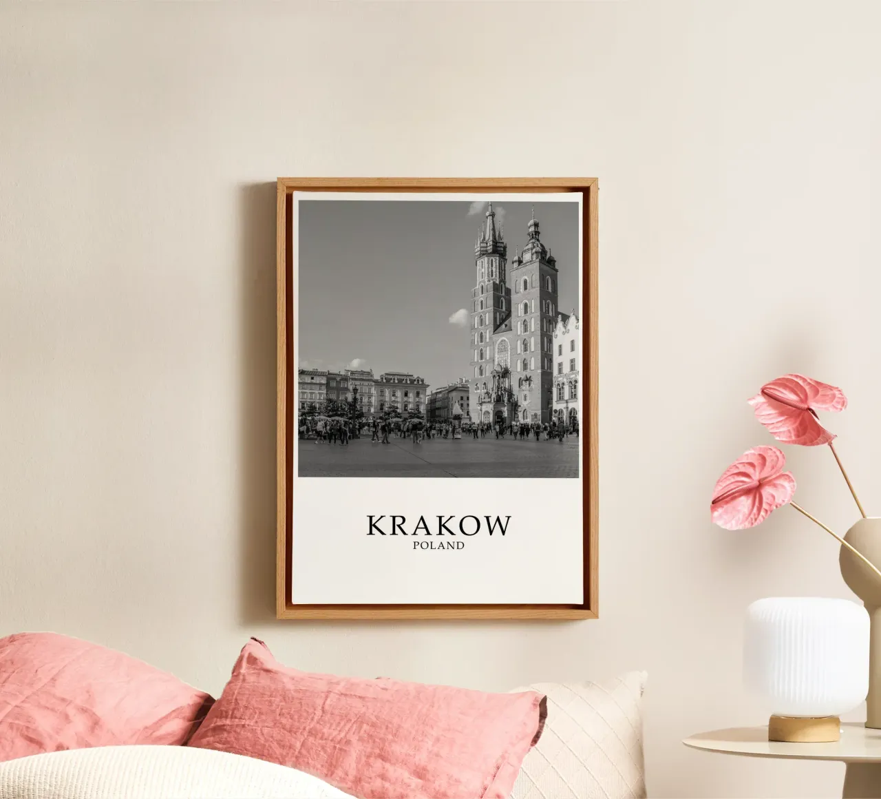 Krakow Poland St Marys Basilica Architecture Scene Greyscale canvas with Floater frame by Charnwood Prints