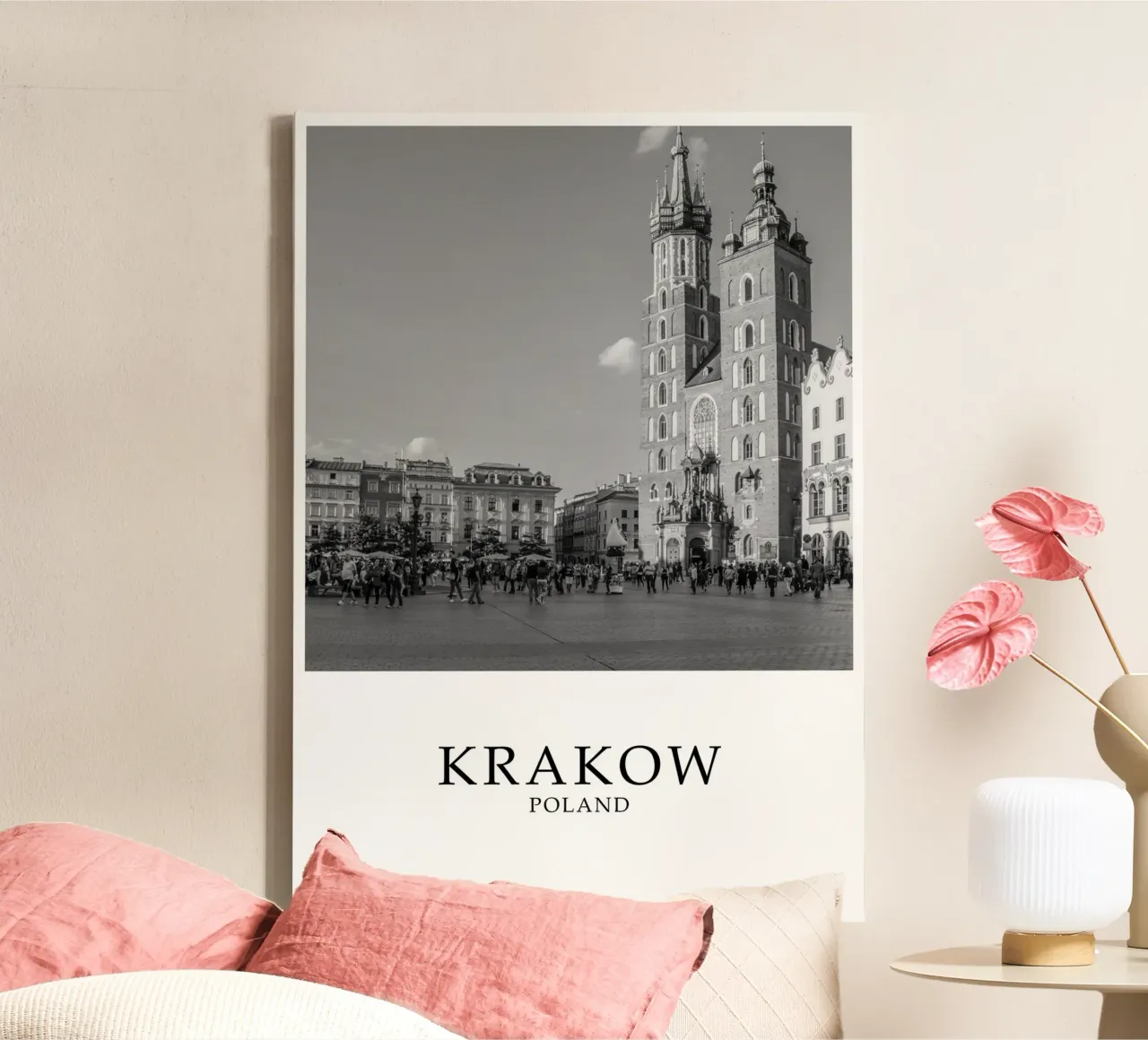 Krakow Poland St Marys Basilica Architecture Scene Greyscale canvas with Floater frame by Charnwood Prints