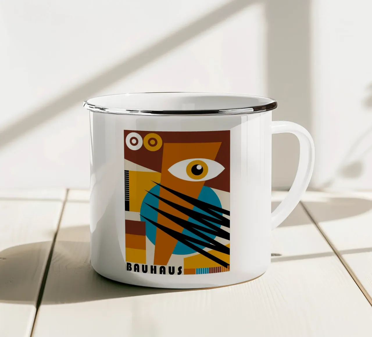 Bauhaus Geometrische Abstracte Ogen Kleurenprint emaille mok van NorwesClub