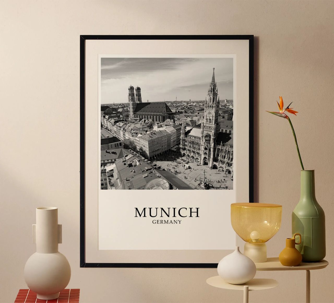 Munich Germany Frauenkirche Skyline Scene Greyscale Poster von Charnwood Prints