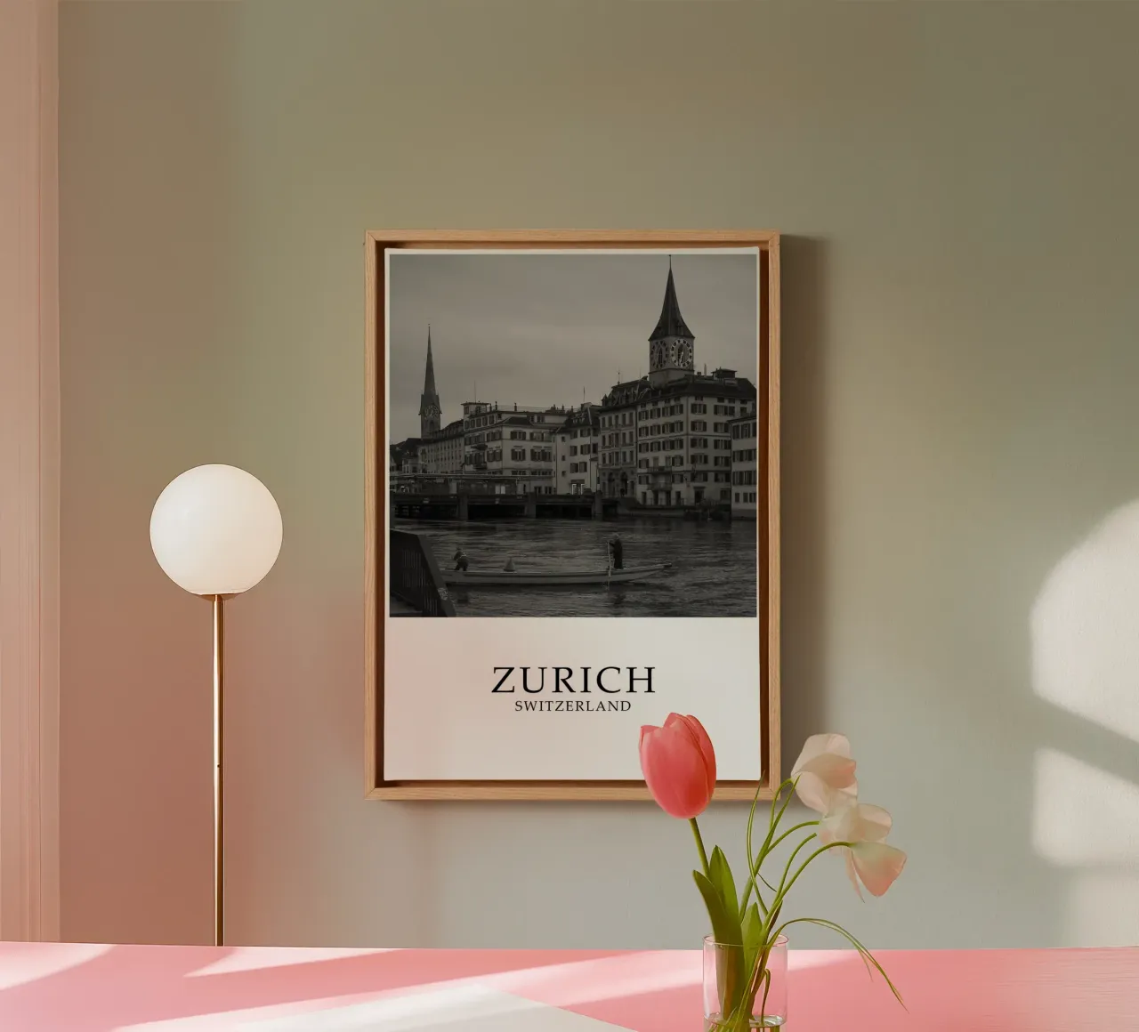 Zurigo Svizzera Skyline Cityscape Scena in scala di grigi tela con Cornice a cassetta da Charnwood Prints