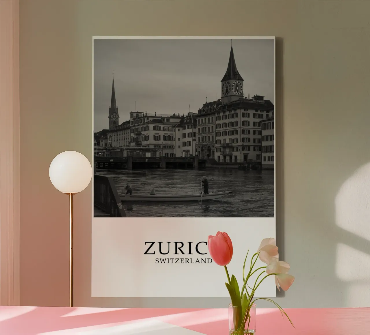 Zurigo Svizzera Skyline Cityscape Scena in scala di grigi tela con Cornice a cassetta da Charnwood Prints